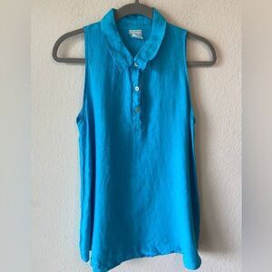 Pure Match 100% Linen Sleeveless Collared Tunic Top Shirt S Blue Beach Coastal